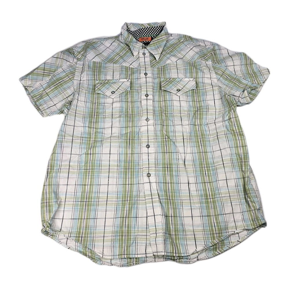 Marc Ecko Snap Button Down Shirt Mens 2XL‎ XXL Green Striped Short Sleeve